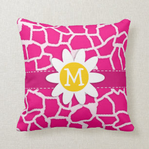 Cute Daisy on Bright Pink Giraffe Animal Print Cushion