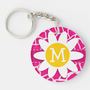 Cute Daisy on Bright Pink Giraffe Animal Print Key Ring