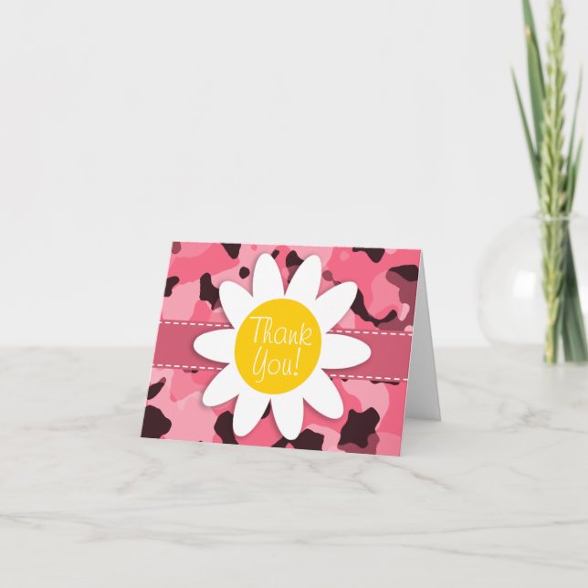 Cute Daisy on Brink Pink Camo; Camouflage Thank You Card (Front)