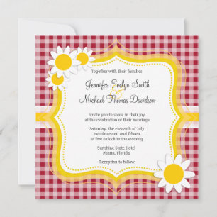 Cute Daisy on Carmine Red Gingham; Chequered Invitation