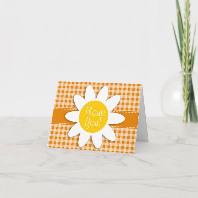 Cute Daisy on Dark Orange Gingham Thank You Card (Front)