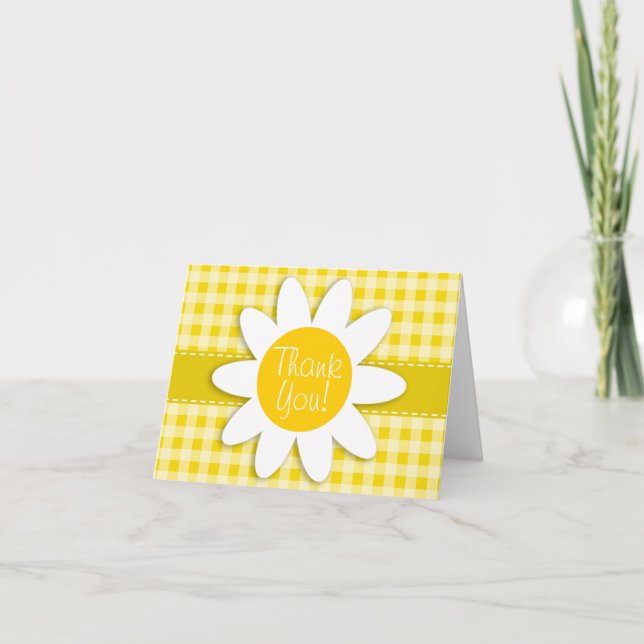 Cute Daisy on Golden Yellow Gingham Thank You Card (Front)