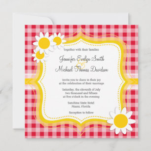 Cute Daisy on Retro Scarlet Red Gingham Pattern Invitation
