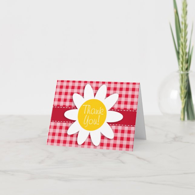 Cute Daisy on Retro Scarlet Red Gingham Pattern Thank You Card (Front)