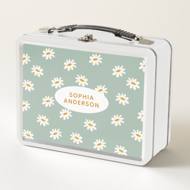 Cute Daisy Pattern on Sage Metal Lunch Box (Front)
