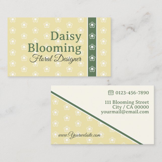 Cute Daisy Pattern Pastel Yellow Green Florist Business Card (Front/Back)