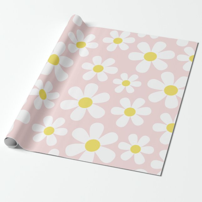 Cute Daisy Pink Wrapping Paper (Unrolled)