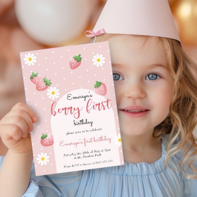 Cute Daisy Strawberry Berry First Birthday Invitation (Creator Uploaded)