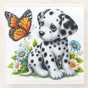 Cute Dalmatian/Butterfly friends Glass Coaster