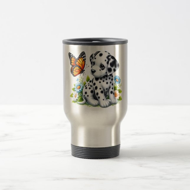 Cute Dalmatian/Butterfly friends Travel Mug (Center)