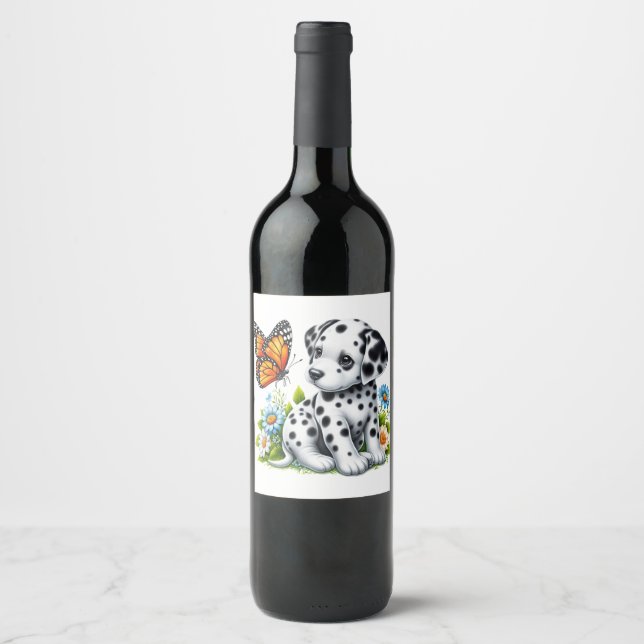 Cute Dalmatian/Butterfly friends Wine Label (Front)