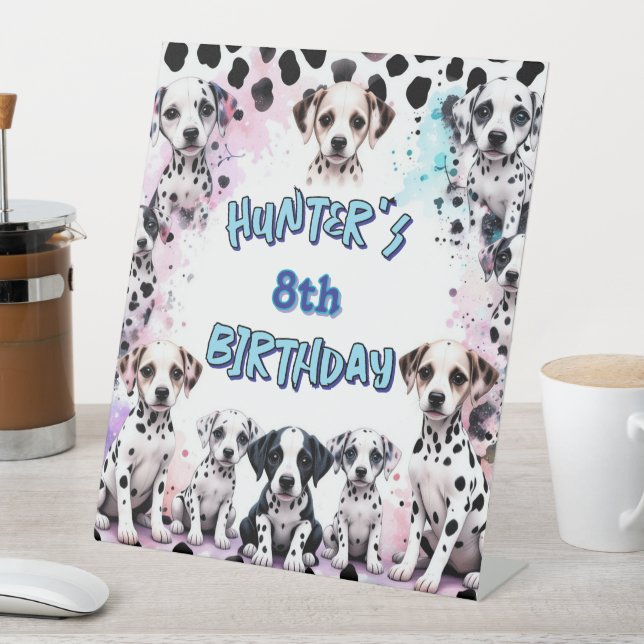Cute Dalmatian Dog Birthday Watercolor Pedestal Sign (In SItu)