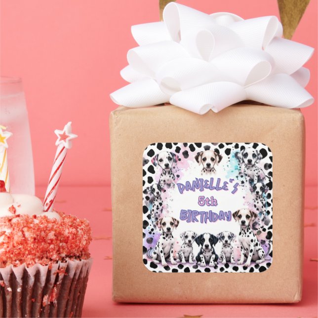 Cute Dalmatian Puppy Birthday Square Sticker (Party)