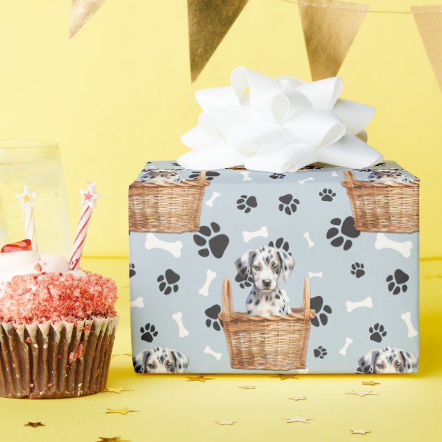 Cute Dalmatian Puppy in Basket Paw Print  Wrapping Paper (Birthday Party)