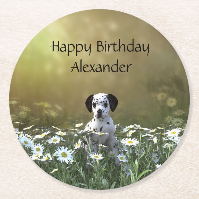 Cute Dalmatian Puppy in Daisies Round Paper Coaster (Front)