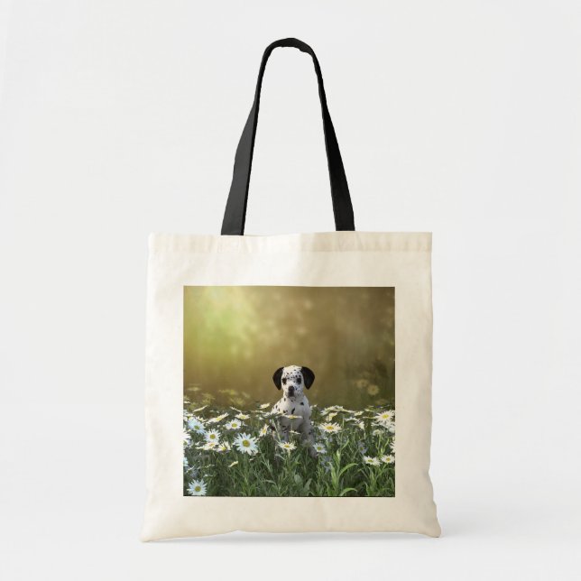 Cute Dalmatian Puppy in Daisies Tote Bag (Front)