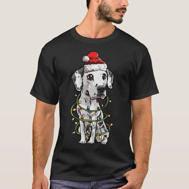 Cute Dalmatian Santa Christmas Tree Lights Xmas T-Shirt (Front)