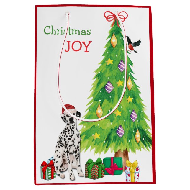 Cute Dalmatian Santa Hat and Christmas Tree Medium Gift Bag (Front)