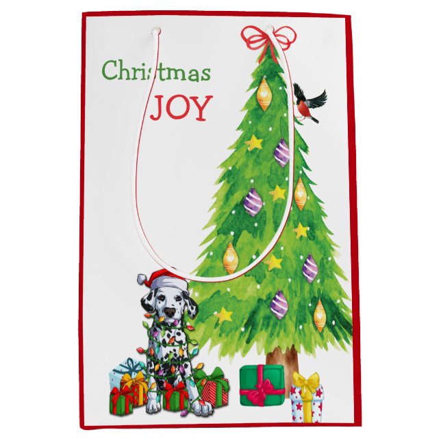 Cute Dalmatian Santa Puppy and Christmas Tree Medium Gift Bag (Front)