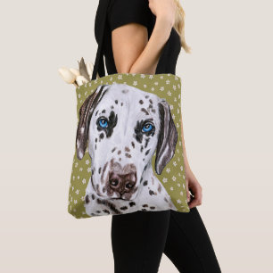 Cute Dalmatian With Green White Flower Pattern Tote Bag