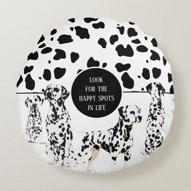 Cute Dalmatians Black & White Happy Spots Round Cushion (Front)