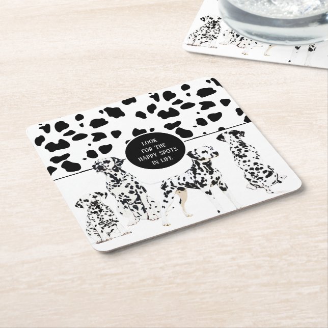 Cute Dalmatians Black & White Happy Spots Square Paper Coaster (Angled)