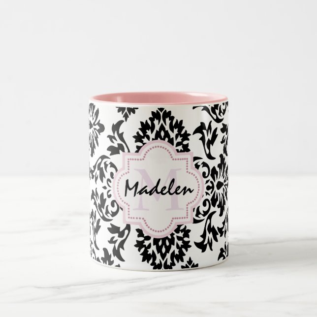 cute damask monogramed Two-Tone coffee mug (Center)