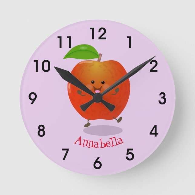 Cute dancing apple cartoon illustration round clock (Front)