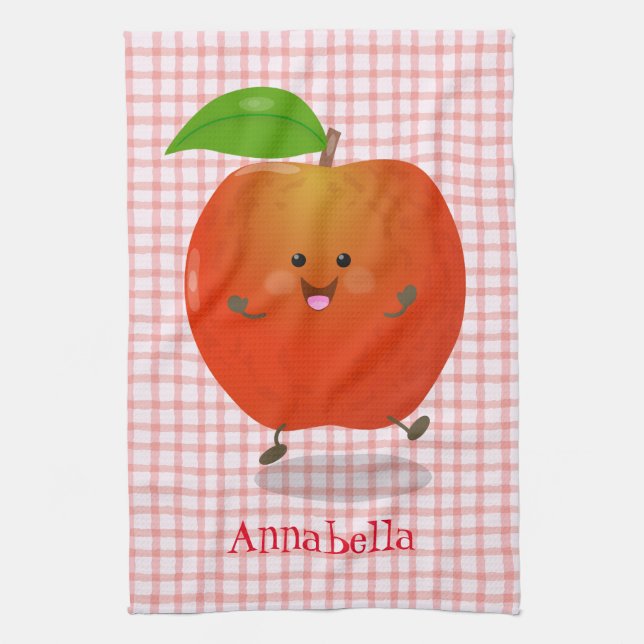 Cute dancing apple cartoon illustration tea towel (Vertical)