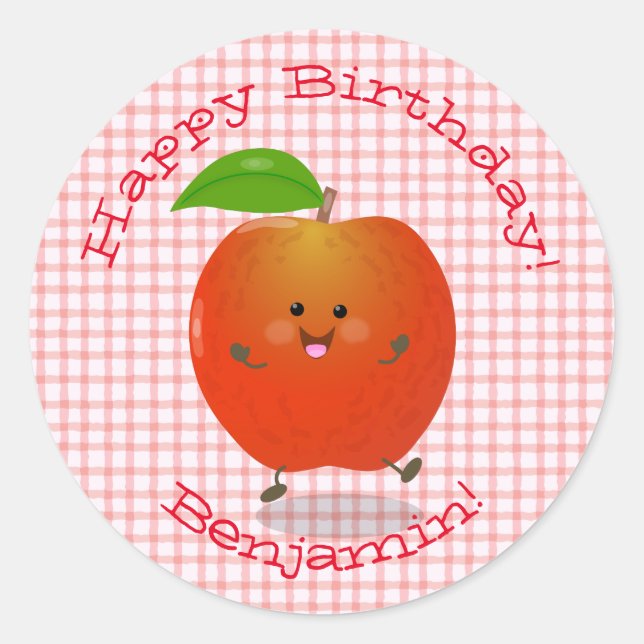 Cute dancing apple kawaii cartoon illustration classic round sticker (Front)