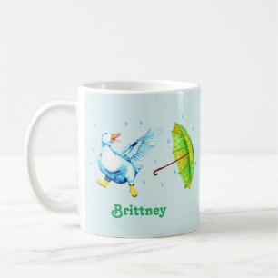 Cute Dancing Blue Duck with Polka-Dot Umbrella Coffee Mug