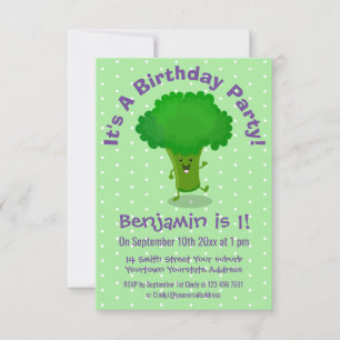 Cute dancing broccoli personalised birthday invitation