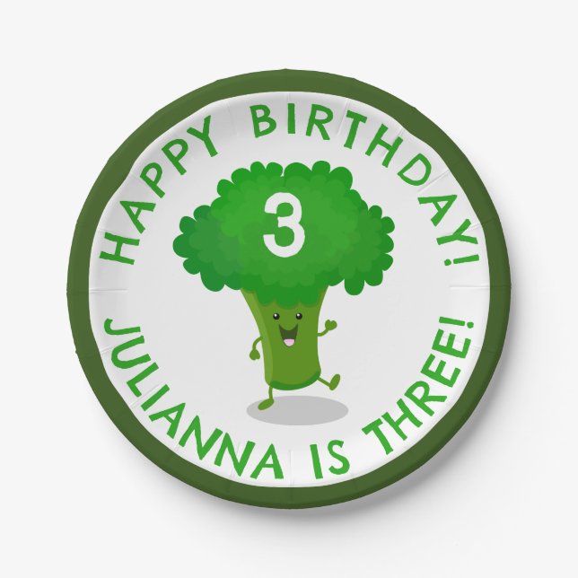 Cute dancing broccoli personalised birthday paper plate (Front)