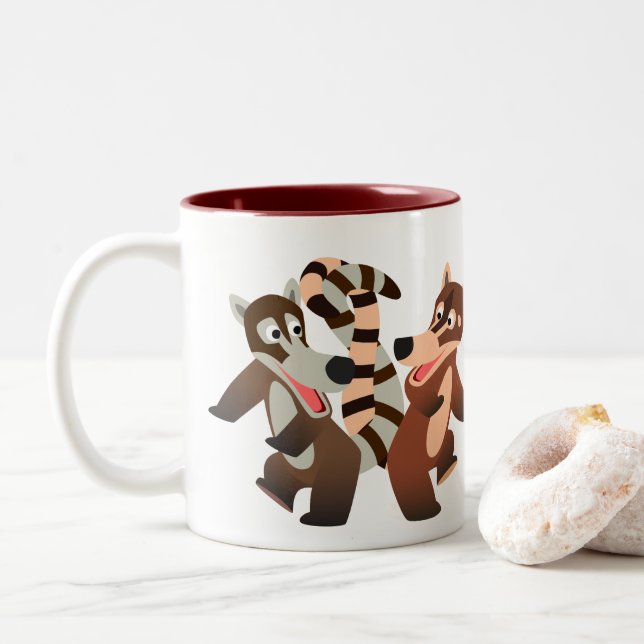Cute Dancing Cartoon Coatimundis Two-Tone Coffee Mug (With Donut)