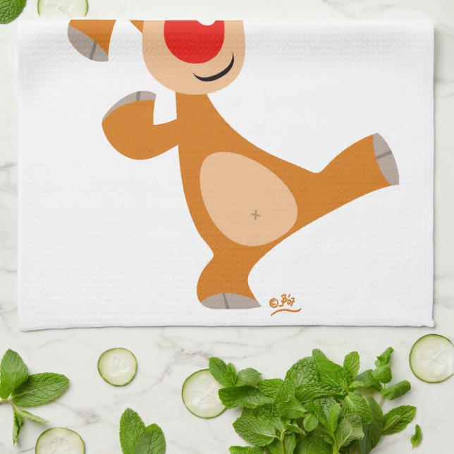Cute Dancing Cartoon Reindeer Kitchen Towel (Folded)