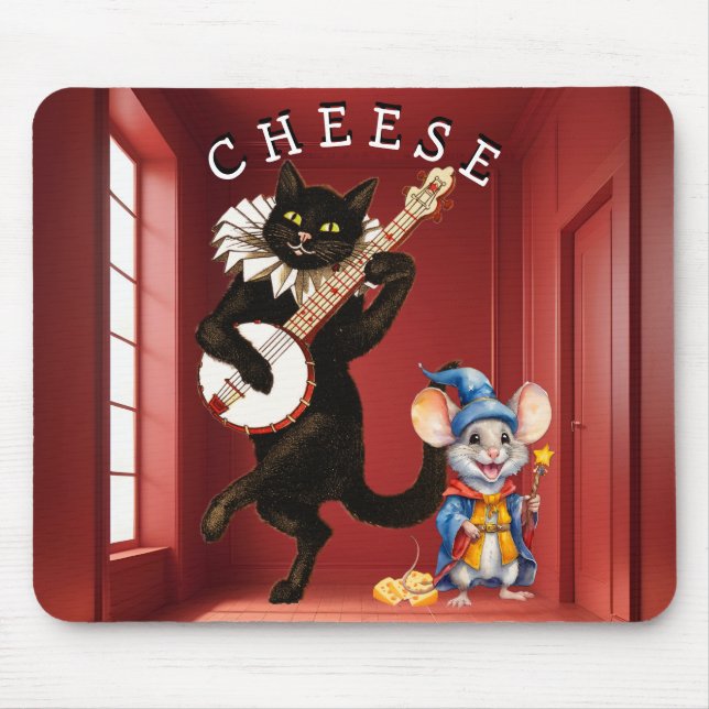 Cute Dancing Cat with Guitar and Mouse Friend  Mouse Mat (Front)