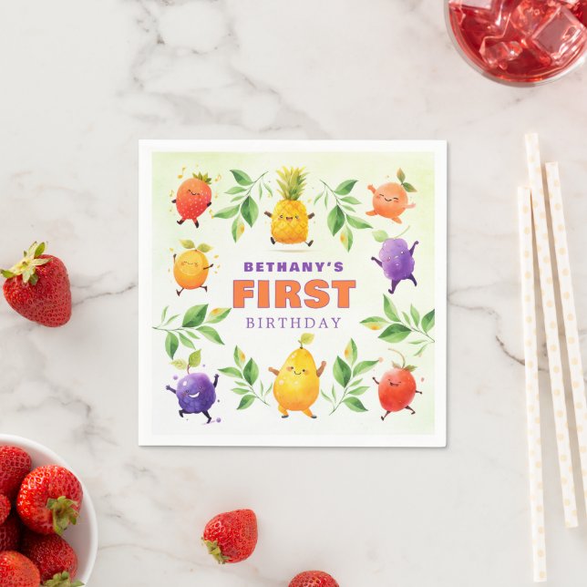 Cute Dancing Fruit First 1st Birthday Party Napkin (Insitu)