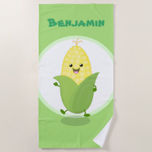 Cute dancing kawaii corn cob cartoon illustration beach towel