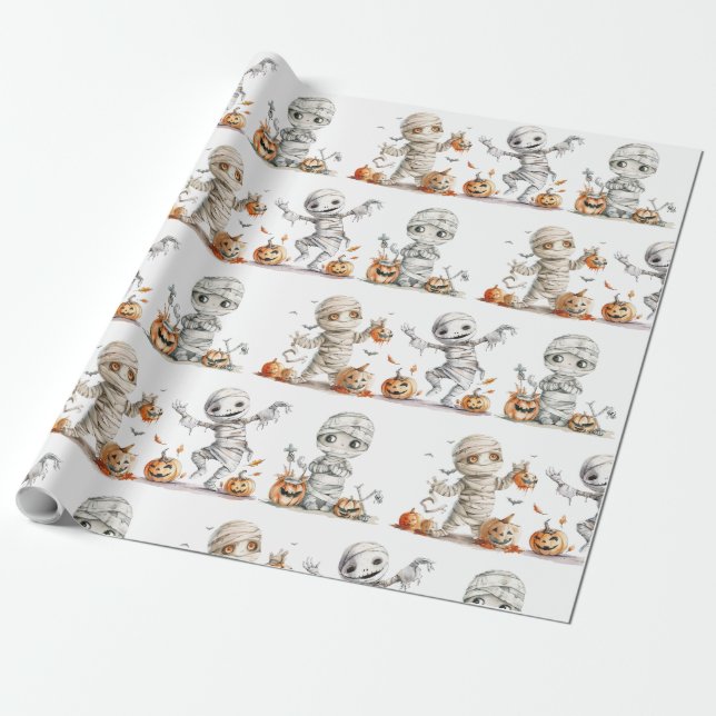 Cute Dancing Mummies Kids' Halloween Party Wrapping Paper (Unrolled)