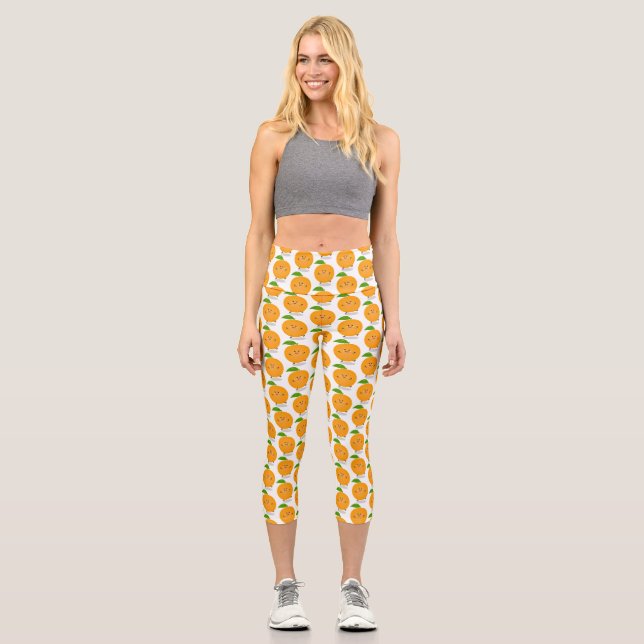Cute dancing orange citrus fruit capri leggings (Front)