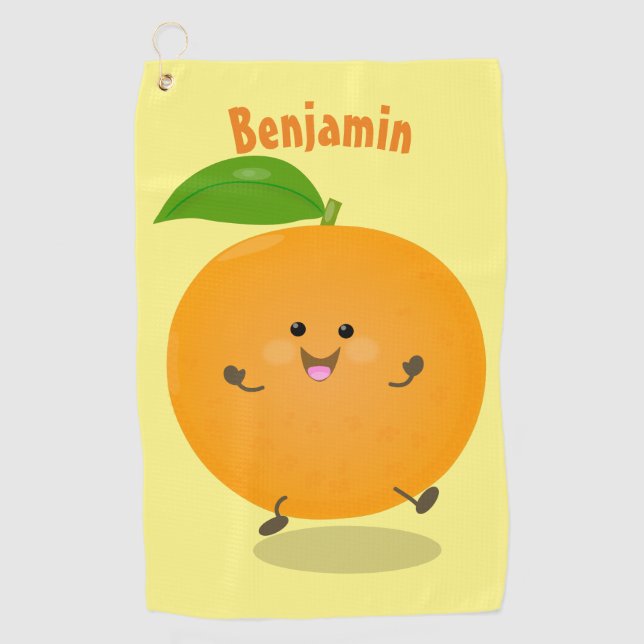 Cute dancing orange citrus fruit golf towel (Front)