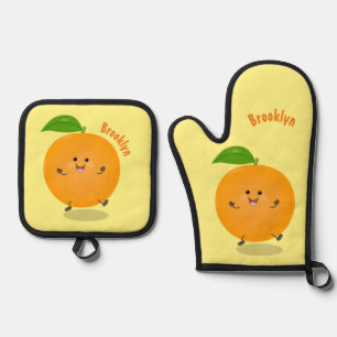 Cute dancing orange citrus fruit oven mitt & pot holder set