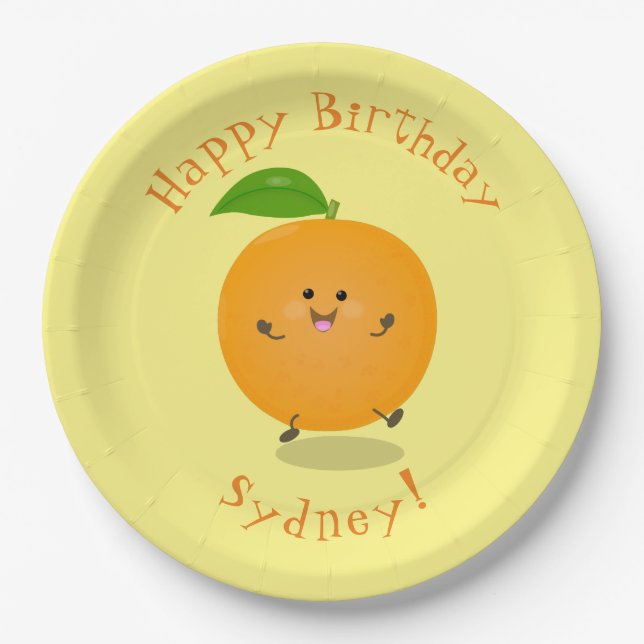 Cute dancing orange citrus fruit paper plate (Front)