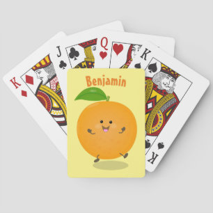 Cute dancing orange citrus fruit playing cards