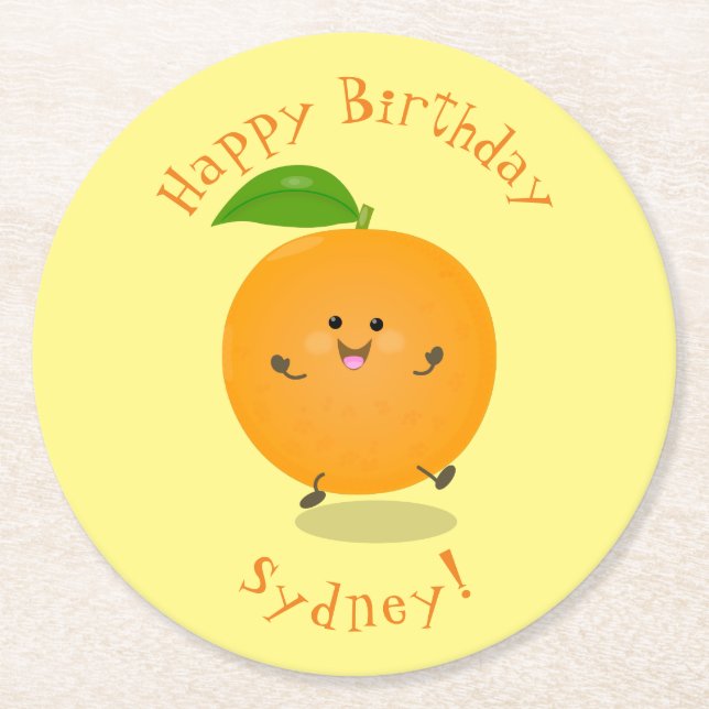 Cute dancing orange citrus fruit round paper coaster (Front)
