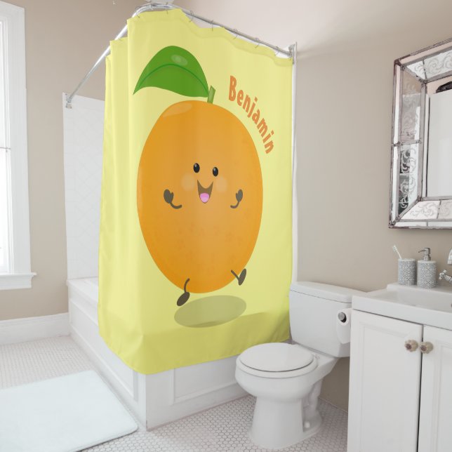 Cute dancing orange citrus fruit shower curtain (In Situ)