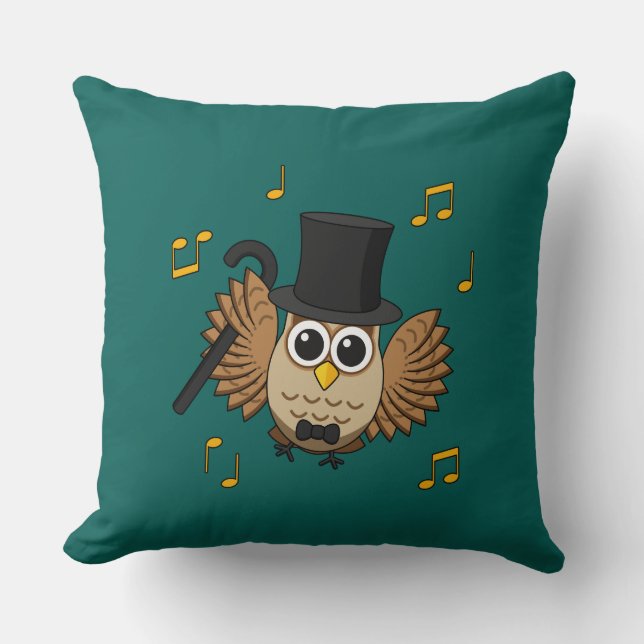 Cute Dancing Owl with Music Notes Cartoon Cushion (Front)