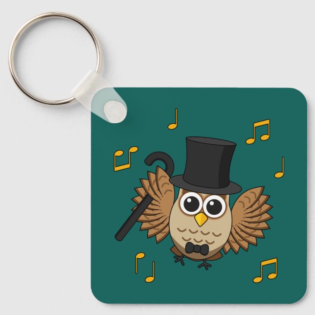 Cute Dancing Owl with Music Notes Cartoon Key Ring (Front)