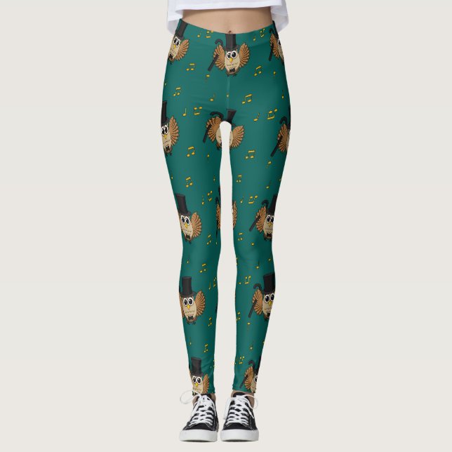 Cute Dancing Owl with Music Notes Cartoon Leggings (Front)