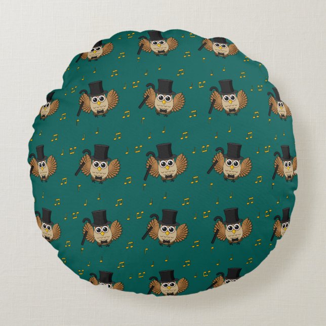 Cute Dancing Owl with Music Notes Cartoon Round Cushion (Front)